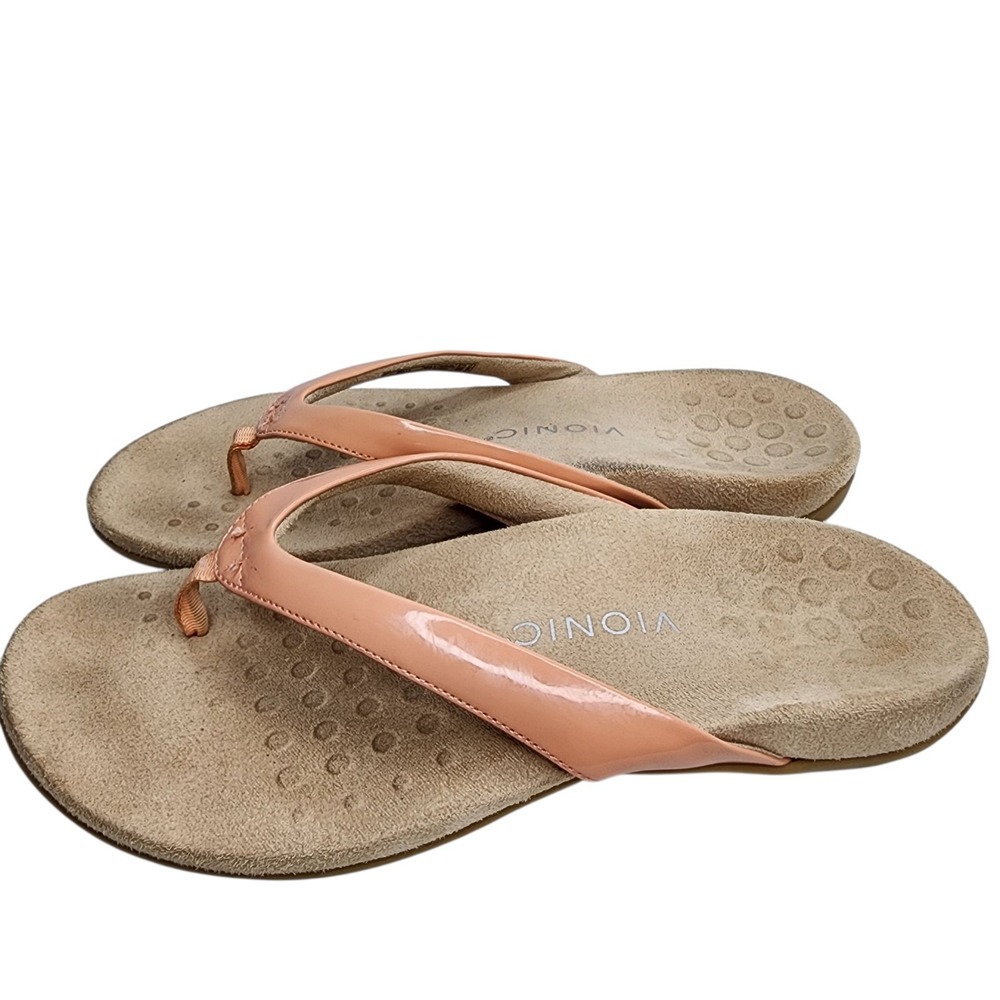 Vionic Bella Sandals Women 9.5 Wide Peach Patent Bow Thong Flip Flop Arch Suppor